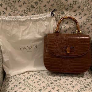 Fawn Design Brown Crocodile-Embossed Bamboo Top Handle Bag